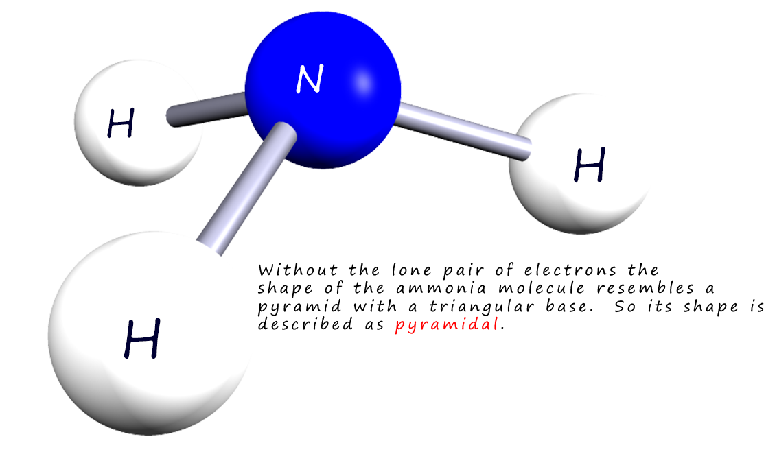 3d model of the ammonia molecule without its lone pair of electrons.  Its shape is described as pyramidal or trigonal pyramidal.